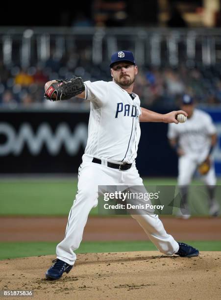 Travis Wood of the San Diego Padres pitches during the first inning of a baseball game against the Arizona Diamondbacks at PETCO Park on September...
