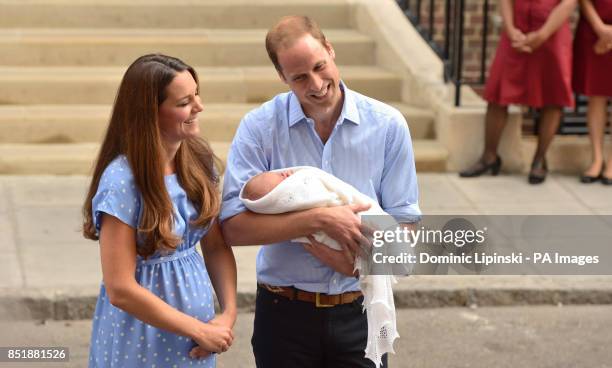 The Duke and Duchess of Cambridge leave the Lindo Wing of St Mary's Hospital in London, with their newborn son, Prince George of Cambridge.