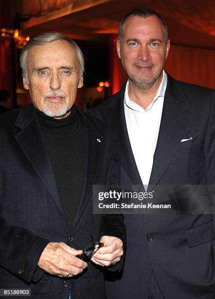 Actor Dennis Hopper and Vanity Fair publisher Edward Menicheschi attend the BMW Art Car U.S. Tour hosted by Vanity Fair held at LACMA on February 18,...