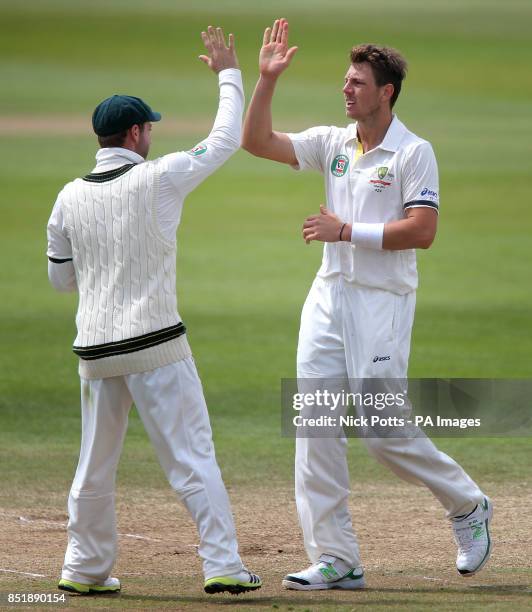 Australian bowler James Pattinson celebrates with Phil Hughes after trapping Somerset batsman Chris Jones , during the International Tour match at...