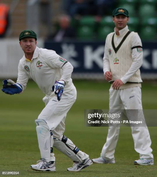 Australia's wicketkeeper Brad Haddin with captain Michael Clarke , during 3rd day against Somerset , during the International Tour match at the...