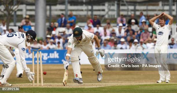Australia's Ed Cowan just avoids a run-out as Sussex's Callum Jackson and Chris Nash look on during day one of the international tour match at the...