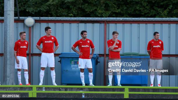 Cardiff City's Craig Noone , Mark Hudson , Simon Lappin , Joe Mason and Don Cowie warm-up in the stands