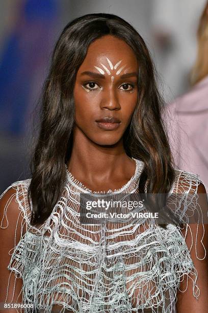 Model walks the runway at the Genny Ready to Wear Spring/Summer 2018 fashion show during Milan Fashion Week Spring/Summer 2018 on September 21, 2017...