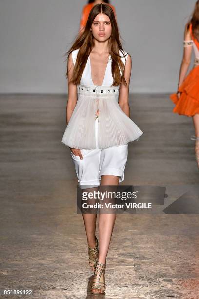 Model walks the runway at the Genny Ready to Wear Spring/Summer 2018 fashion show during Milan Fashion Week Spring/Summer 2018 on September 21, 2017...