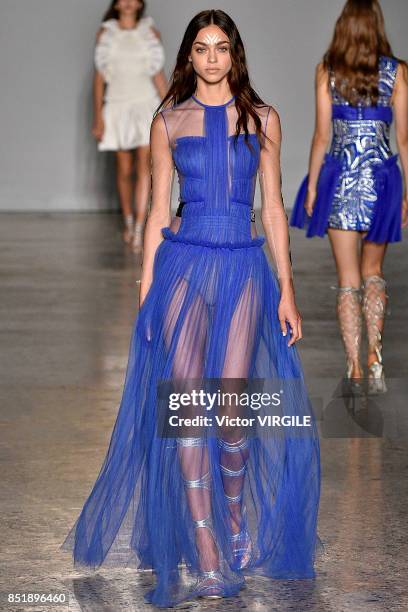 Model walks the runway at the Genny Ready to Wear Spring/Summer 2018 fashion show during Milan Fashion Week Spring/Summer 2018 on September 21, 2017...