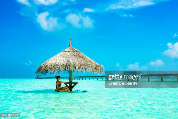 giovane donna che si gode in ombrellone sull'isola di dhiffushi holiday, atollo di south ari, maldive - sud foto e immagini stock