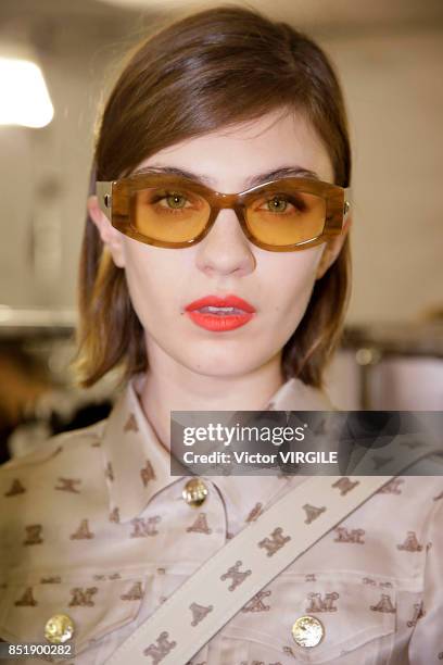 Model backstage at the Max Mara Ready to Wear Spring/Summer 2018 fashion show during Milan Fashion Week Spring/Summer 2018 on September 21, 2017 in...