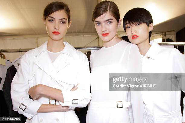 Model backstage at the Max Mara Ready to Wear Spring/Summer 2018 fashion show during Milan Fashion Week Spring/Summer 2018 on September 21, 2017 in...