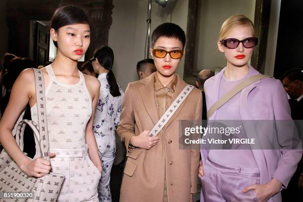 Model backstage at the Max Mara Ready to Wear Spring/Summer 2018 fashion show during Milan Fashion Week Spring/Summer 2018 on September 21, 2017 in...