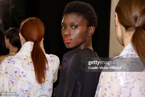 Model backstage at the Max Mara Ready to Wear Spring/Summer 2018 fashion show during Milan Fashion Week Spring/Summer 2018 on September 21, 2017 in...