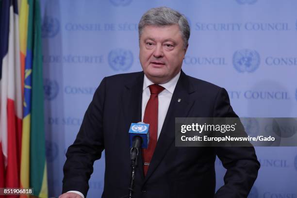 Petro Poroshenko, President of Ukraine, addresses journalists after the Security meeting on Reform of Peace Keeping at the United Nations...