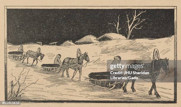 Illustration from the Russian satirical journal Ovod of three wooden horse-drawn sleds carrying a person and a log each being pulled along the snow...