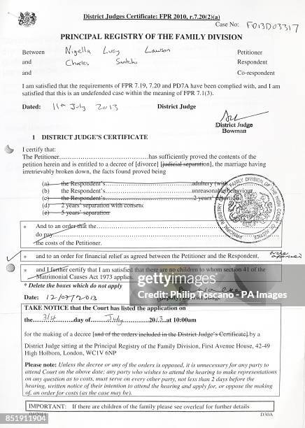 Copy of the District Judge's certificate by District Judge Anne Aitken which granted the TV chef Nigella Lawson and millionaire art collector Charles...