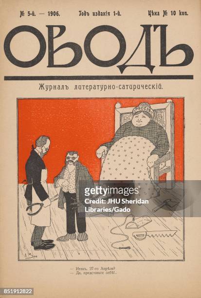 Cover of the Russian satirical journal Ovod showing a very large woman sitting in an over-sized chair with the word 'Russia' written on her hat, and...