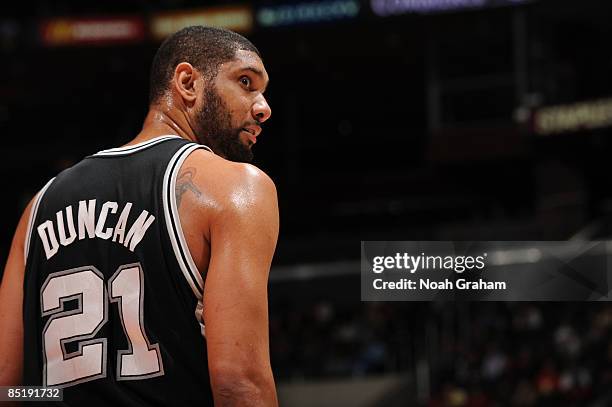 Tim Duncan of the San Antonio Spurs looks on during a game against the Los Angeles Clippers at Staples Center on March 2, 2009 in Los Angeles,...