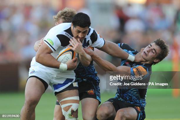 Bath Rugby 7's Alafoti Fa'osiliva hands off Exeter Chief 7's Tom Dowding during the Group A match of the J.P. Morgan Asset Management Premiership...