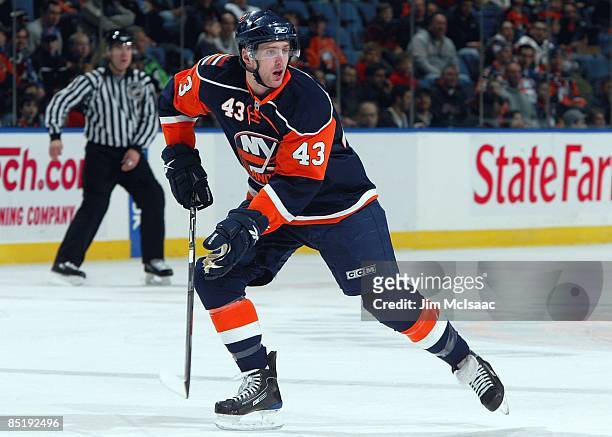 Andrew MacDonald of the New York Islanders skates against the Colorado Avalanche on March 2, 2009 at Nassau Coliseum in Uniondale, New York. The...
