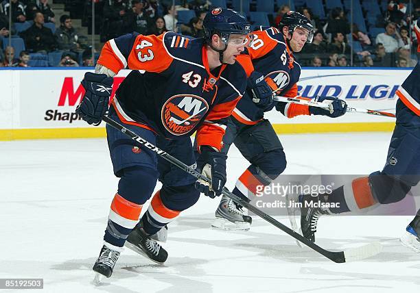 Andrew MacDonald of the New York Islanders skates against the Colorado Avalanche on March 2, 2009 at Nassau Coliseum in Uniondale, New York. The...