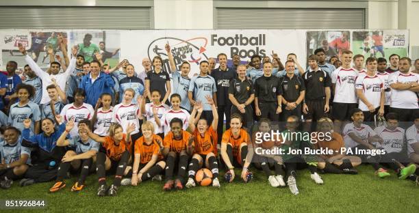 Kelly Sotherton, Gareth Southgate, Keith Stroud, Kim Turner and DJ Spoony with competitors during the StreetGames Football Pools Fives at St....