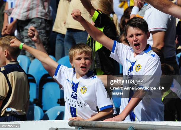 Young Leeds United fans in the stands during the Sky Bet Championship match at Elland Road, Leeds.