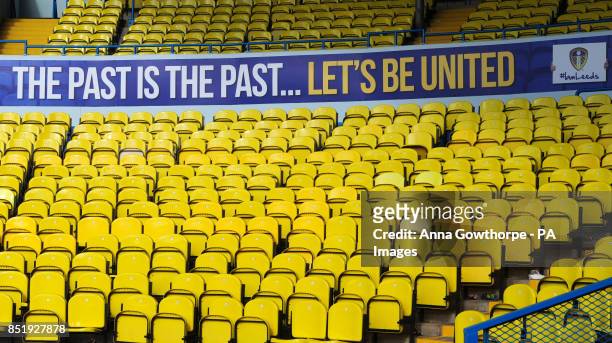Leeds United branding in the stands at Elland Road, Leeds.