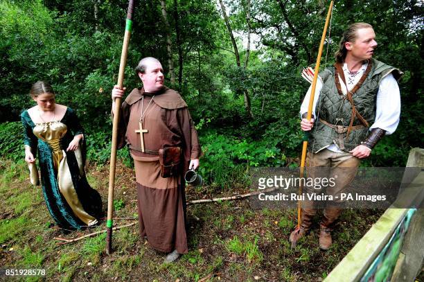 Maid Marion , Friar Tuck and Robin Hood during 29th annual Robin Hood Festival at Sherwood Forest National Nature Reserve, Edwinstowe,...
