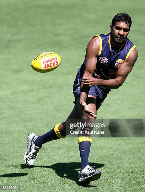 David Wirrpanda of the Eagles hand balls during a West Coast Eagles AFL training session held at Subiaco Oval March 3, 2009 in Perth, Australia.