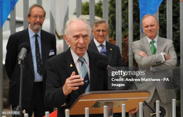 Wartime test-pilot Captain Eric "Winkle" Brown makes a speech in front of the Samuel Cody statue which is being unveiled at the Farnborough Air...