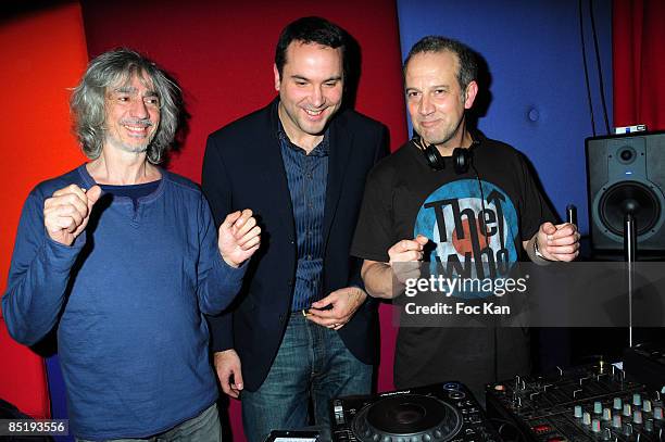 Singer Louis Bertignac and TV Hosts Bruce Toussaint and Philippe Dana from Canal Plus attend the Philippe Dana and Bruce Toussaint DJ Party at the...