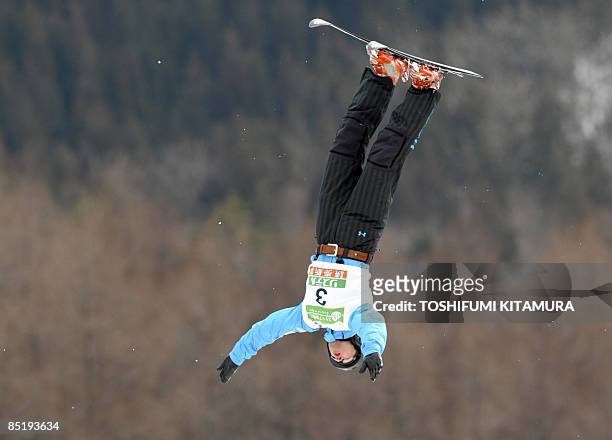 Jeret Peterson of the US performs during the men's aerials qualification of the 2009 FIS Freestyle World Championships in Inawashiro on March 3,...