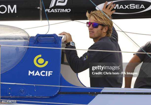 Vendee Globe winner Francois Gabart aboard his racing yacht Macif before competing in the Artemis Challenge at Aberdeen Asset Management Cowes Week.