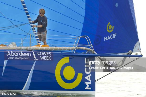 Vendee Globe winner Francois Gabart aboard his racing yacht Macif during the Artemis Challenge at Aberdeen Asset Management Cowes Week.