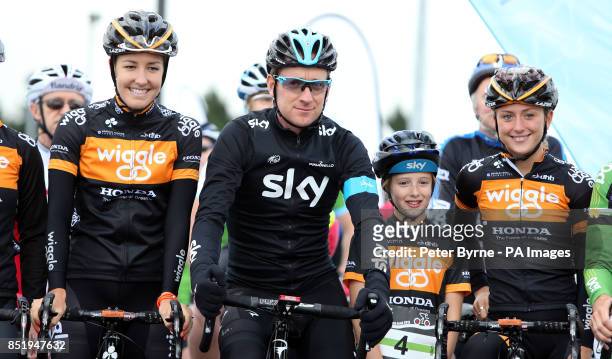 Sir Bradley Wiggins with Dani King and Laura Trott before the Ride With Brad Sportive in Lancashire.