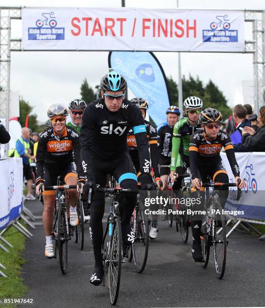 Sir Bradley Wiggins with Dani King and Laura Trott start the Ride With Brad Sportive in Lancashire.