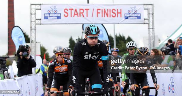 Sir Bradley Wiggins with Dani King and Laura Trott start the Ride With Brad Sportive in Lancashire.