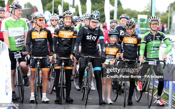 Sir Bradley Wiggins with Rochelle Gilmore , Dani King , Laura Trott and Kieran Frend before the Ride With Brad Sportive in Lancashire.