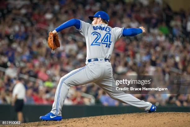 Danny Barnes of the Toronto Blue Jays pitches against the Minnesota Twins on September 14, 2017 at Target Field in Minneapolis, Minnesota. The Twins...