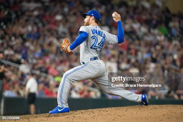 Danny Barnes of the Toronto Blue Jays pitches against the Minnesota Twins on September 14, 2017 at Target Field in Minneapolis, Minnesota. The Twins...