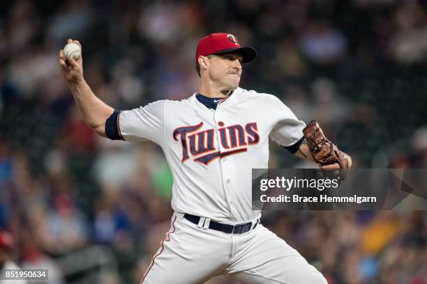 Matt Belisle of the Minnesota Twins pitches against the Toronto Blue Jays on September 14, 2017 at Target Field in Minneapolis, Minnesota. The Twins...