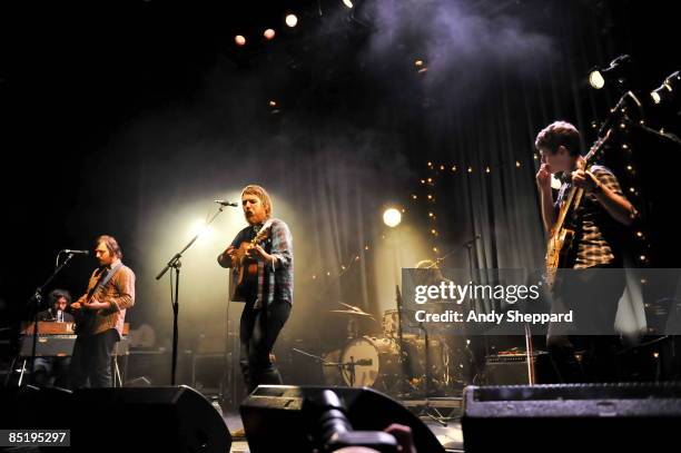 Casey Wescott, Christian Wargo, Robin Pecknold, Josh Tillman and Skye Skjelset of Fleet Foxes perform on stage at the Roundhouse, Camden on February...