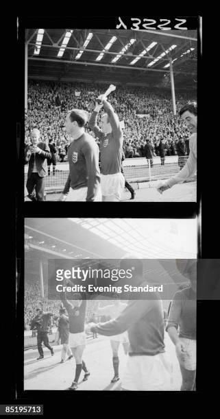 England captain Bobby Moore holds up the Jules Rimet trophy after his team's 4-2 victory over West Germany in the World Cup Final at Wembley Stadium,...