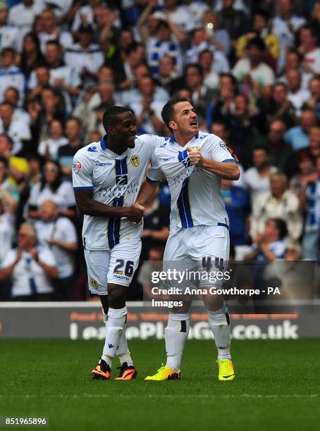 Leeds United's Ross McCormack celebrates with Dominic Poleon after scoring his side's first goal during the Sky Bet Football League Championship...
