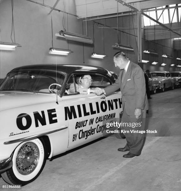 A 1953 Plymouth Belvedere becomes the millionth car off the Chrysler production lines in California.