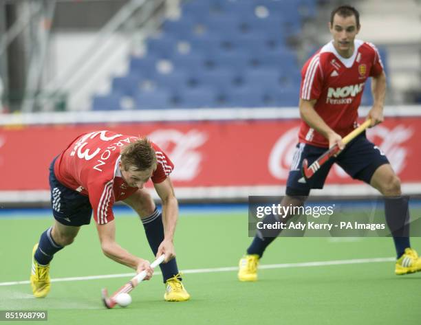 England's Tom Carson scores the 5th goal against Poland during the TriFinance EuroHockey Championship match at Braxgata HC, Boom, Belgium.