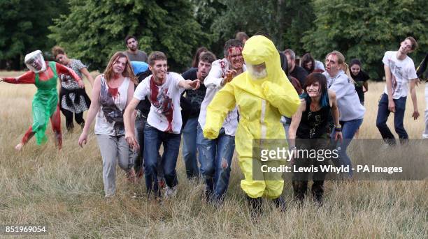 Zombies take part in a training day held in Hyde Park, London ahead of the Zombie Evacuation Race due to happen in October.