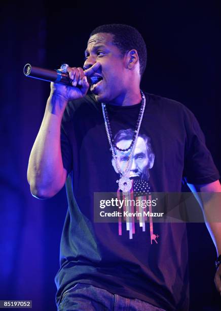 Jay-Z performs during "In Concert on The Eve of Change" at the Warner Theatre on January 19, 2009 in Washington, DC.