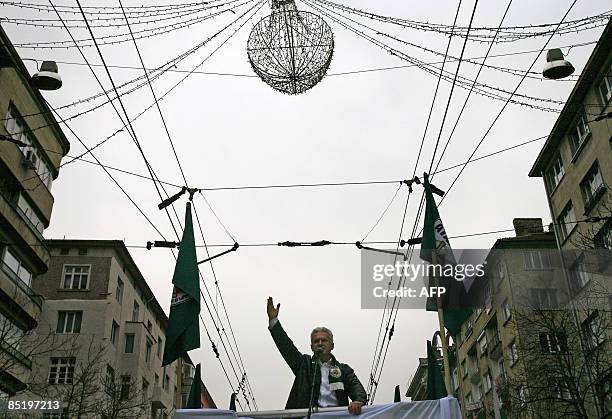 The leader of the Bulgaria's extreme right and nationalist Ataka party Volen Siderov speaks during protests in Sofia on March 3 on Bulgaria's...
