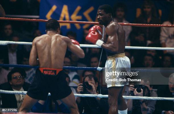 Marlon Starling of the USA beats Lloyd Honeyghan of Britain to take the WBC Welterweight Championship, Las Vegas, Nevada, 4th February 1984. Starling...