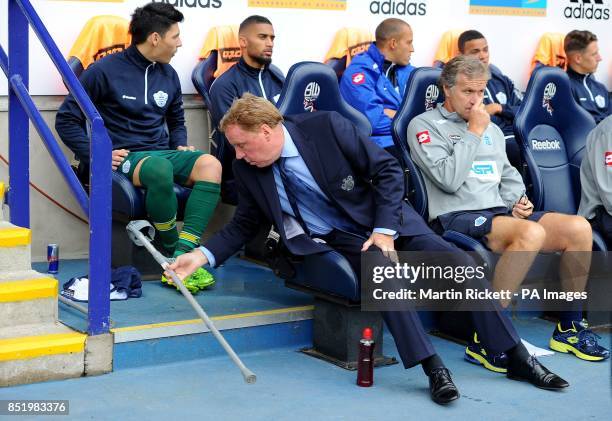 Queens Park Rangers manager Harry Redknapp arrives on crutches, before the Sky Bet Football League Championship match at the Reebok Stadium, Bolton.